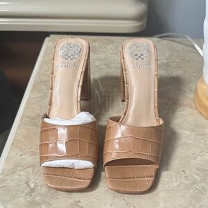 Vince Camuto Daisana block heel mules in a tan alligator print